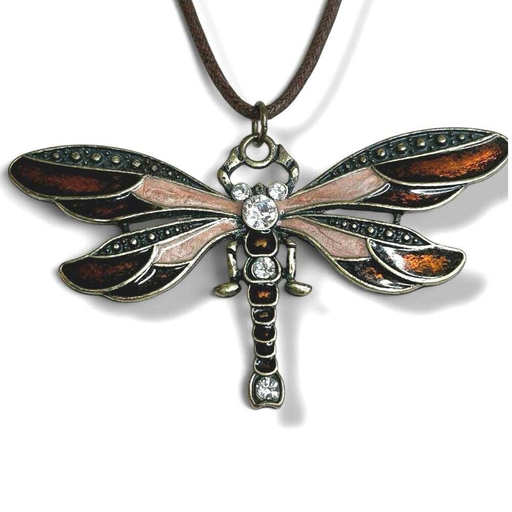Enamel Dragonfly Sparkly Pendant Cord Necklace Brown Pink Tones